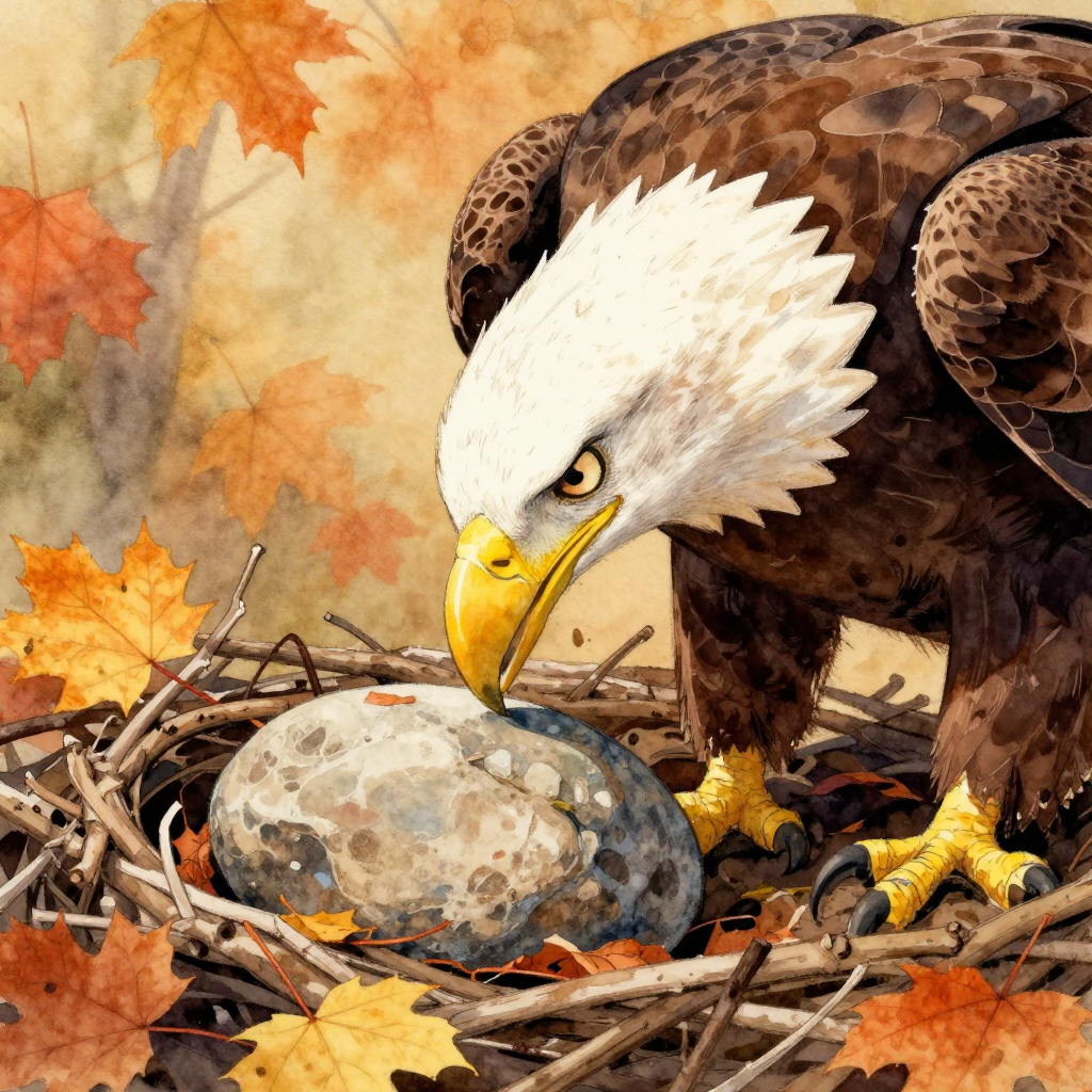 Murphy gently nudging a smooth round rock with his beak, treating it like a precious egg