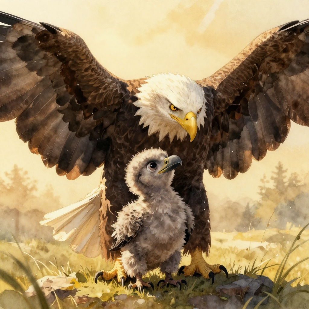 Murphy spreading his wing protectively over a tiny gray eaglet chick, welcoming his new baby