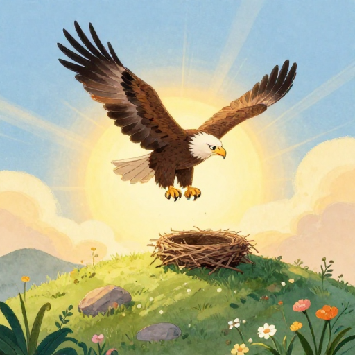 A young bald eagle soaring into a golden sunrise sky, with an empty nest and a round rock on the hilltop below