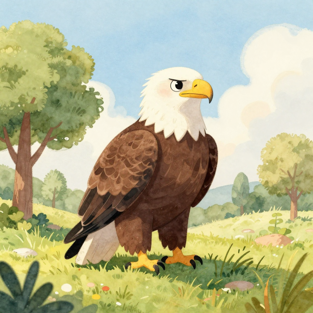 Murphy the bald eagle standing proudly on a grassy hill in a wildlife sanctuary, watercolor storybook illustration
