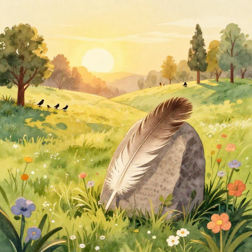A peaceful bird sanctuary at golden sunset with a memorial feather resting on a stone surrounded by wildflowers